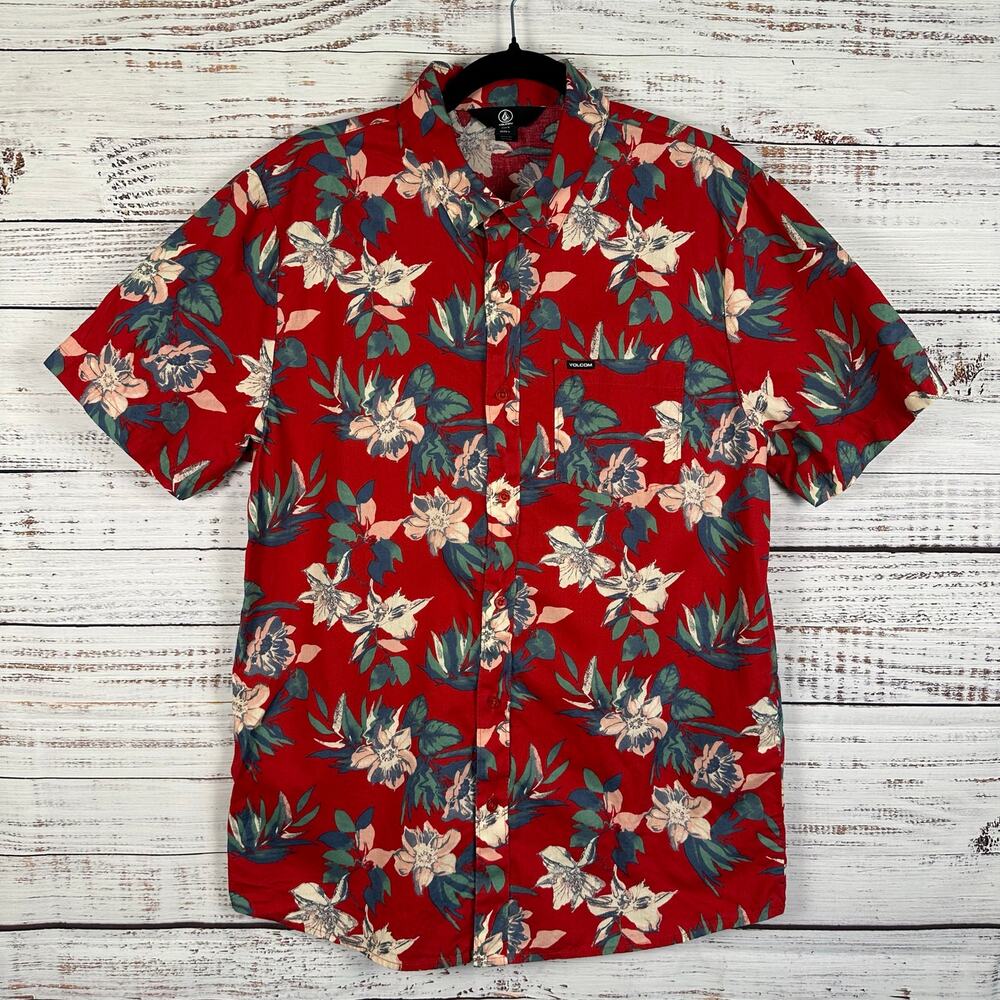 VOLCOM Red Floral Tropical Print Short Sleeve Button Up Shirt Cotton Mens L